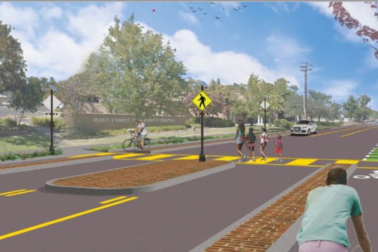 A conceptual design image of the Old Auburn Road Complete Streets Project Phase 1 showing a proposed crosswalk at Tiara Way with separated bike lanes. // City of Citrus Heights