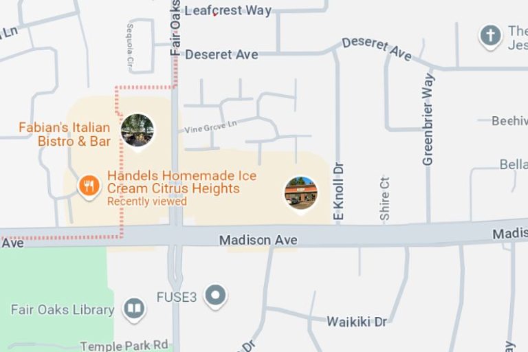 The Citrus Heights boundary line, represented by an orange dashed line, is shown dissecting the center of the Almond Orchard shopping center on the corner of Madison Avenue and Fair Oaks Boulevard, with Handel’s Ice Cream shown inside Citrus Heights city limits. // Google Maps