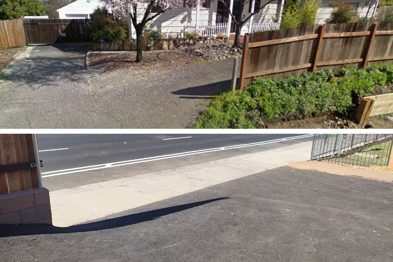 Before and after photo of Bill Leggett's property. Top shows the driveway entrance in 2019. There was no sidewalk prior to construction in 2024 and the retaining wall was made of wood. Bottom shows the driveway entrance in 2024. A new retaining wall was constructed of brick.