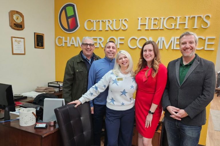 Citrus Heights Chamber of Commerce Executive Director Sheri Merrick stands with guests during a grand opening ceremony of the Chamber's new office location, Jan. 30, 2025. // Courtesy Citrus Heights Chamber of Commerce