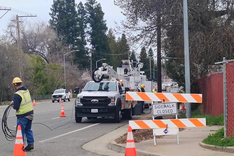 SMUD workers were on scene Tuesday morning repairing a pole following a vehicle collision earlier in the morning. March 4, 2025.