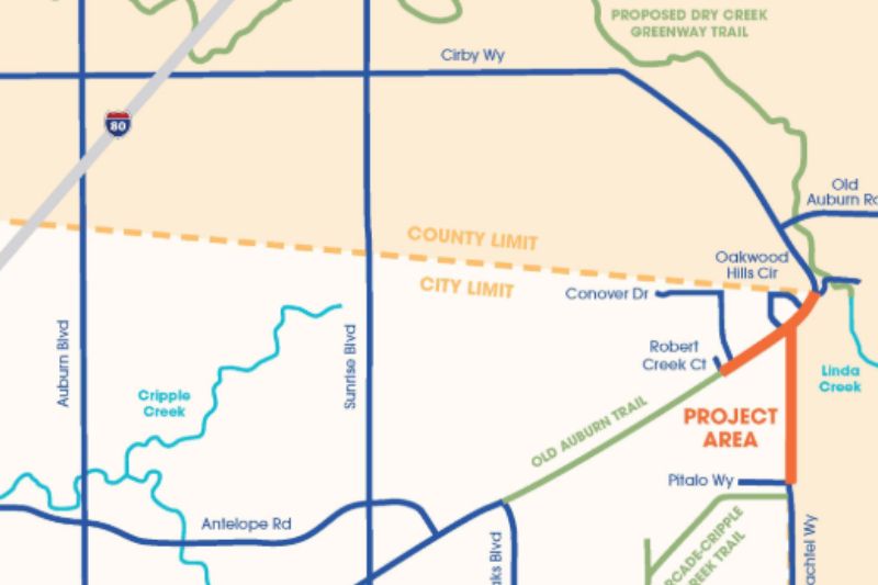 A map of the intersection, in orange, where road and pedestrian improvements are being planned as part of the Gateway Activation Project. // City of Citrus Heights