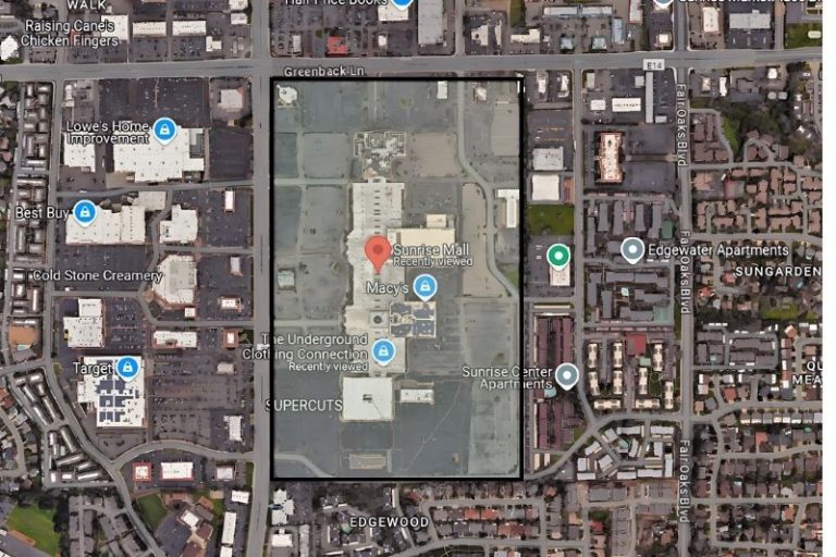 An aerial image of Sunrise Mall, which extends from Greenback Lane in the north to Macy Plaza Drive in the south. // SB Williams