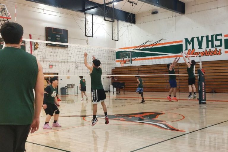 The Mesa Verde Boys' Volleyball team, headed by coach Jennifer Shoffner, practice in the high school's gym. // SB Williams