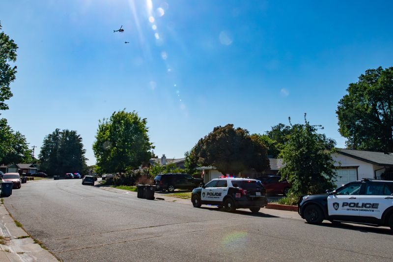 Two law enforcement helicopters along with several CHPD vehicles could be seen along Meadowcreek Way as officers searched the creek bed for an assault suspect. // SB Williams