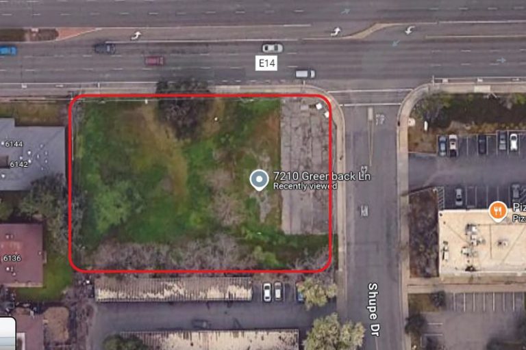 An aerial image of a vacant lot on Greenback Ln. with a troubled past is listed for sale. // SB Williams