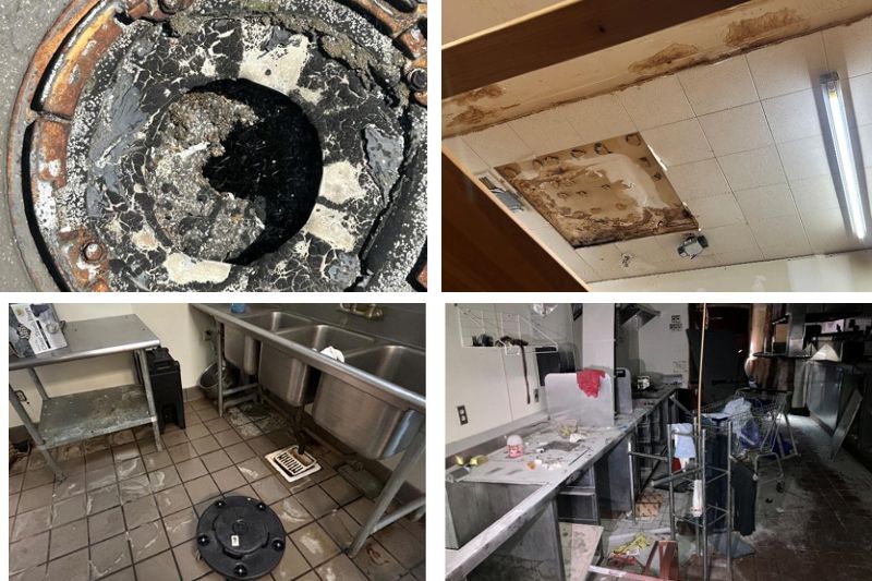 Photos obtained from inspection report show extensive evidence of water damage on the roof of Sunrise Mall, inside the former Macy's Women's, standing water in a vacant restaurant space, and extensive damage inside the former Elephant Bar. // city of Citrus Heights