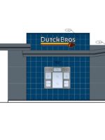 New design renderings submitted to the city by Dutch Bros show the building repainted with company brand colors. // Dutch Bros