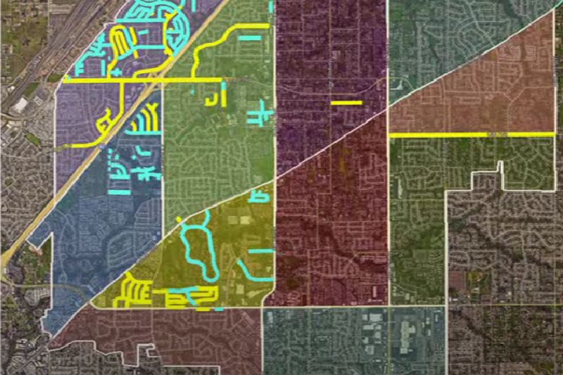 Map shared by City Engineer Leslie Blomquist showing streets that are scheduled to be resurfaced in 2025 and 2026, broken into seven color coded zones. Streets in zones colored yellow will receive multi-layer resurfacing, streets in zones colored blue will receive slurry seals. // City of Citrus Heights