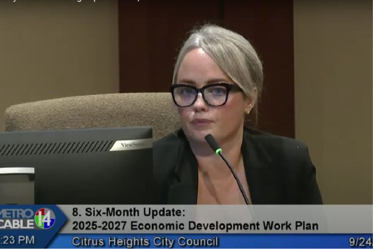 Citrus Heights Economic Development and Community Engagement Director Meghan Huber at the Sept. 24 City Council meeting, speaking on efforts to obtain property owner feedback in the past. // SB Williams