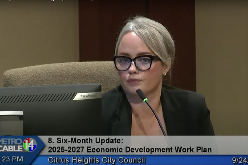 Citrus Heights Economic Development and Community Engagement Director Meghan Huber at the Sept. 24 City Council meeting, speaking on efforts to obtain property owner feedback in the past. // SB Williams