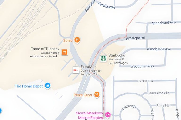 Google map showing the boundary line of Citrus Heights, represented by an orange dotted line, which runs north to south from just after Stonehand Ave., along Antelope Rd, then veers down Daily Ave. Businesses on the west (left) are outside the city limits, and businesses on the east (right) are inside the city limits: The Sentinel has found multiple addresses do not match precise locations of businesses.