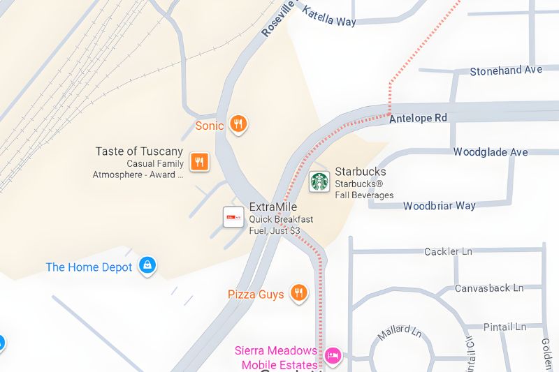 Google map showing the boundary line of Citrus Heights, represented by an orange dotted line, which runs north to south from just after Stonehand Ave., along Antelope Rd, then veers down Daily Ave. Businesses on the west (left) are outside the city limits, and businesses on the east (right) are inside the city limits: The Sentinel has found multiple addresses do not match precise locations of businesses.