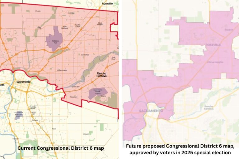 Image of California's current Congressional District 6 map, (left) created by nonpartisan citizen redistricting committee, compared with future California Congressional District 6 map approved during a 2025 Special Election, (right) redrawn by legislators to favor Democratic candidates in response to Texas redistricting favoring Republican candidates. // Wikipedia //Courtesy of Ray Riehle, congressional candidate.