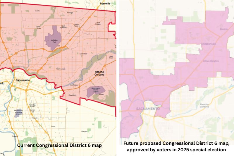Image of California's current Congressional District 6 map, (left) created by nonpartisan citizen redistricting committee, compared with future California Congressional District 6 map approved during a 2025 Special Election, (right) redrawn by legislators to favor Democratic candidates in response to Texas redistricting favoring Republican candidates. // Wikipedia //Courtesy of Ray Riehle, congressional candidate. 
